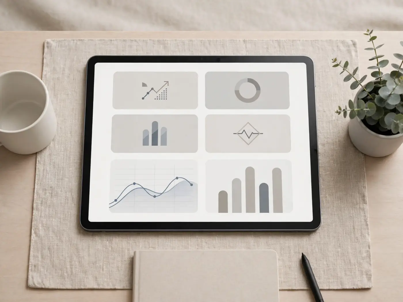 Panel financiero interactivo en una tableta con gráficos abstractos