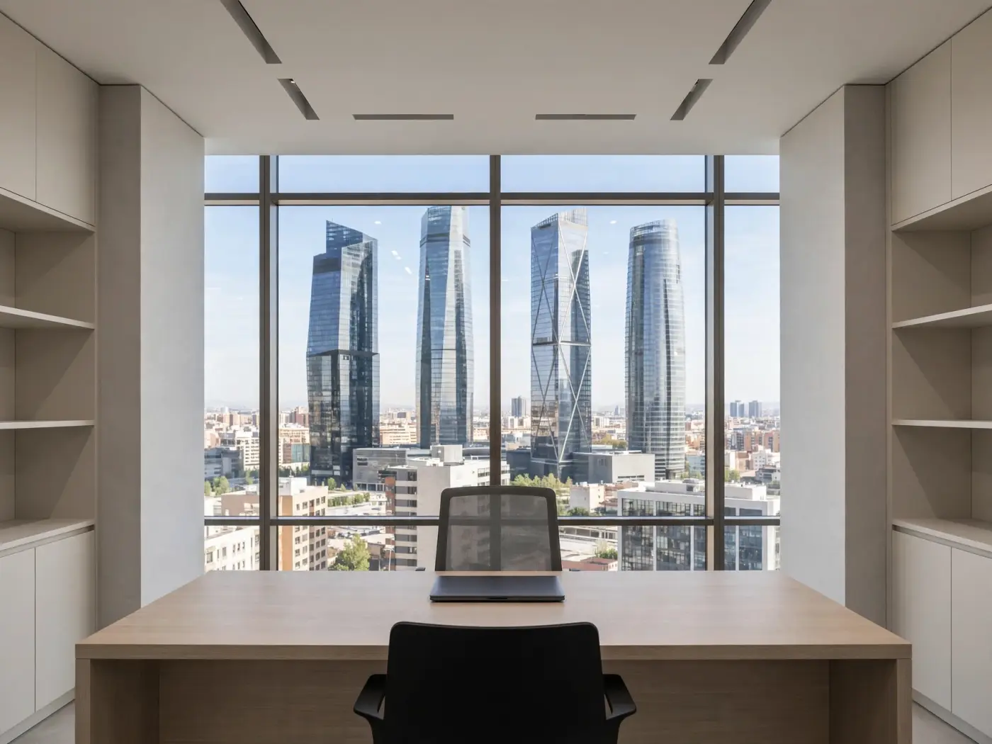 Centro empresarial moderno en Madrid con las Cuatro Torres